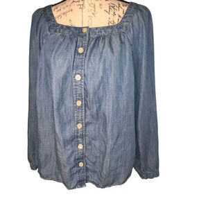 Talbots, L,Tensile Lyocell button front long sleeve square neck chambray tunic ￼